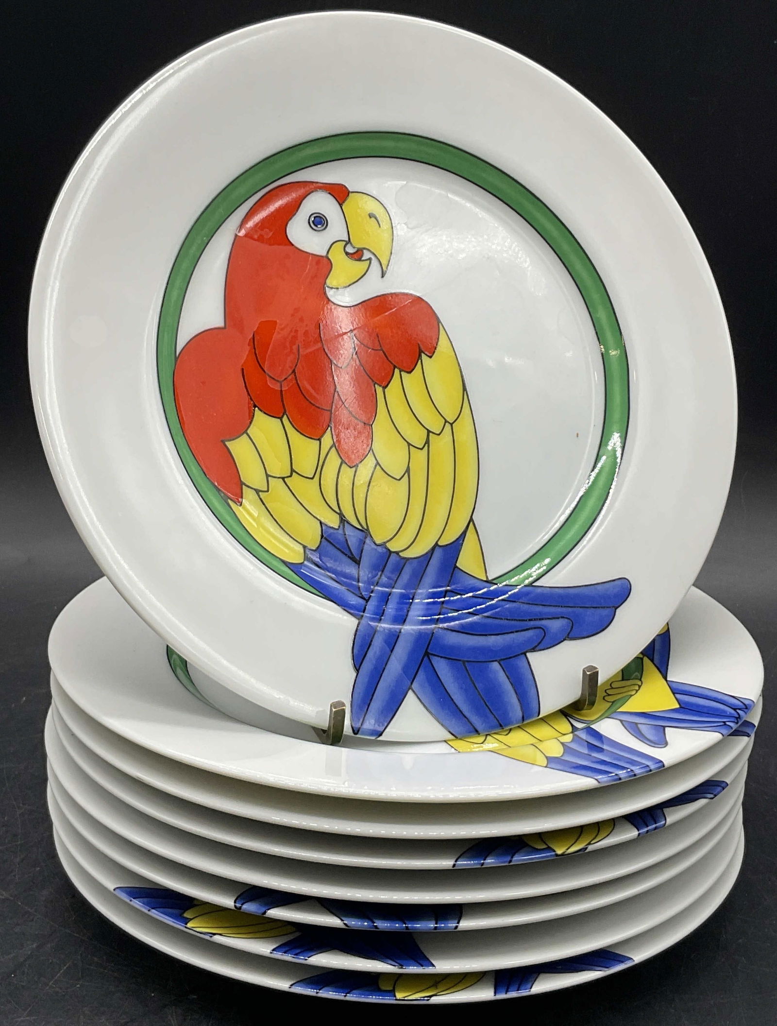 Set 8 1979 FITZ & FLOYD Signed Parrot Motif Plates (1 of 10)