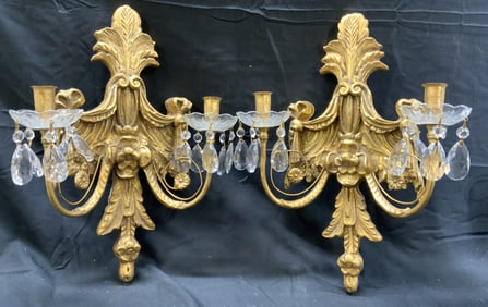 Pair Vintage 2 Arm Giltwood Wall Sconces