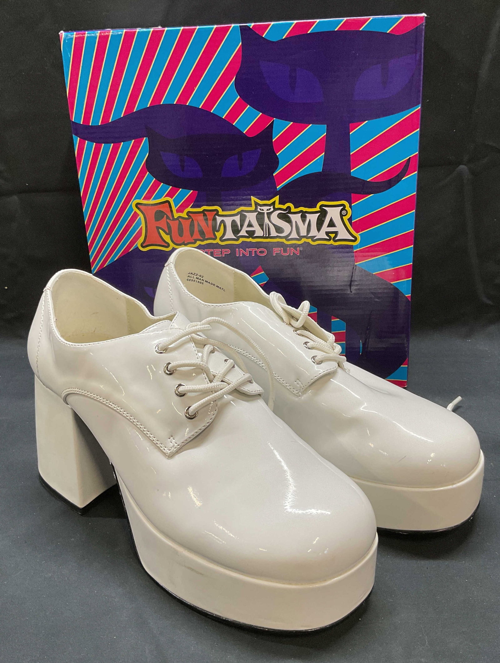 Funtasma White Patent Platform Shoes: Funtasma white patent platform shoes. Heel height approx 3.5 inches. Synthetic material. Size marked 8-9. Includes box. Some wear to materials consistent with exposure, scuffing and scratching. Funtas