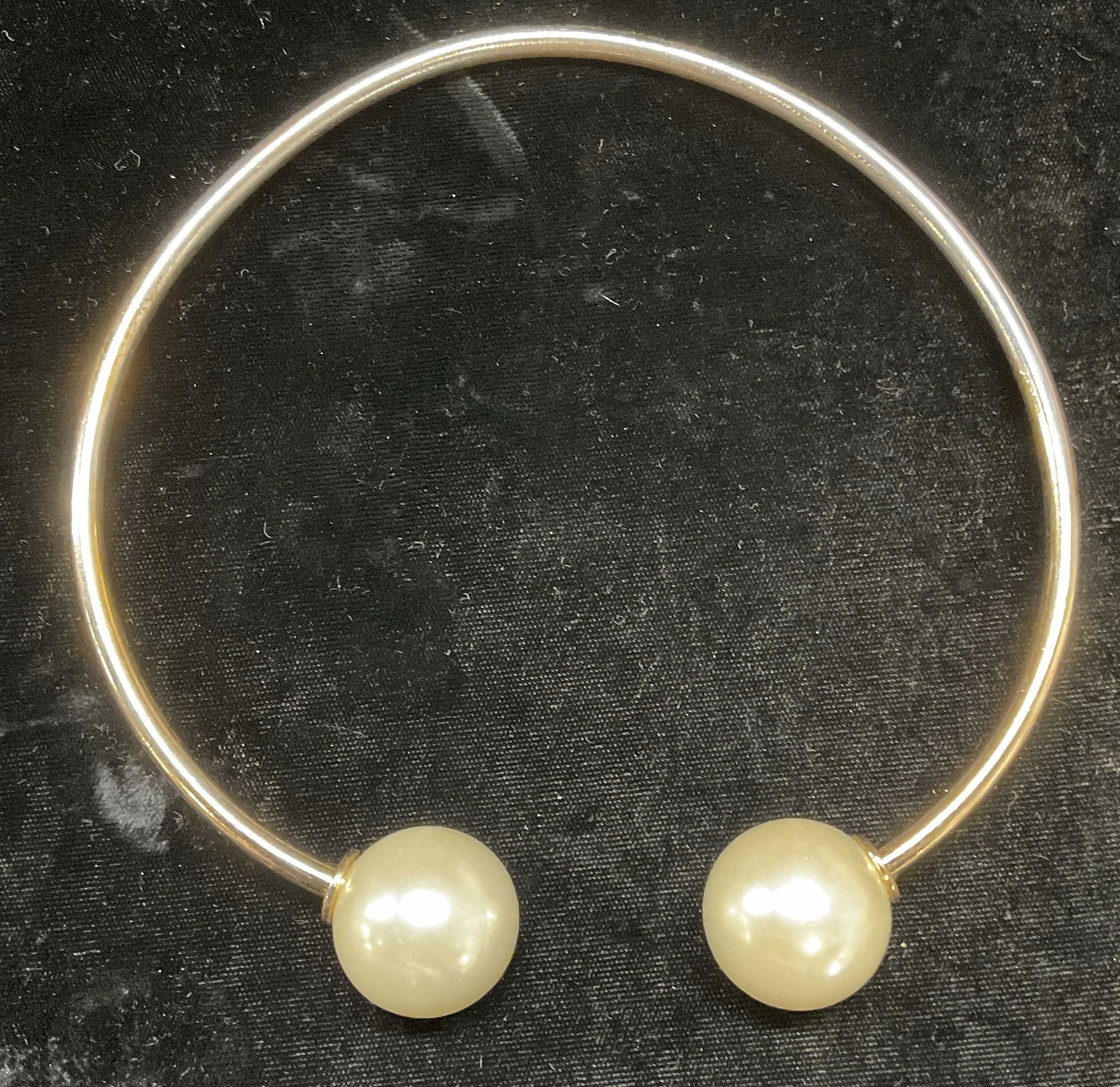 Faux Pearl Collar Choker Necklace: Faux peal beaded collar necklace. Gold tone wire. Measures approx. 5.5 inches wide. Some surface wear including loss to gold finish scratching observed. Estate jewelry, costume jewelry, cocktail jewel