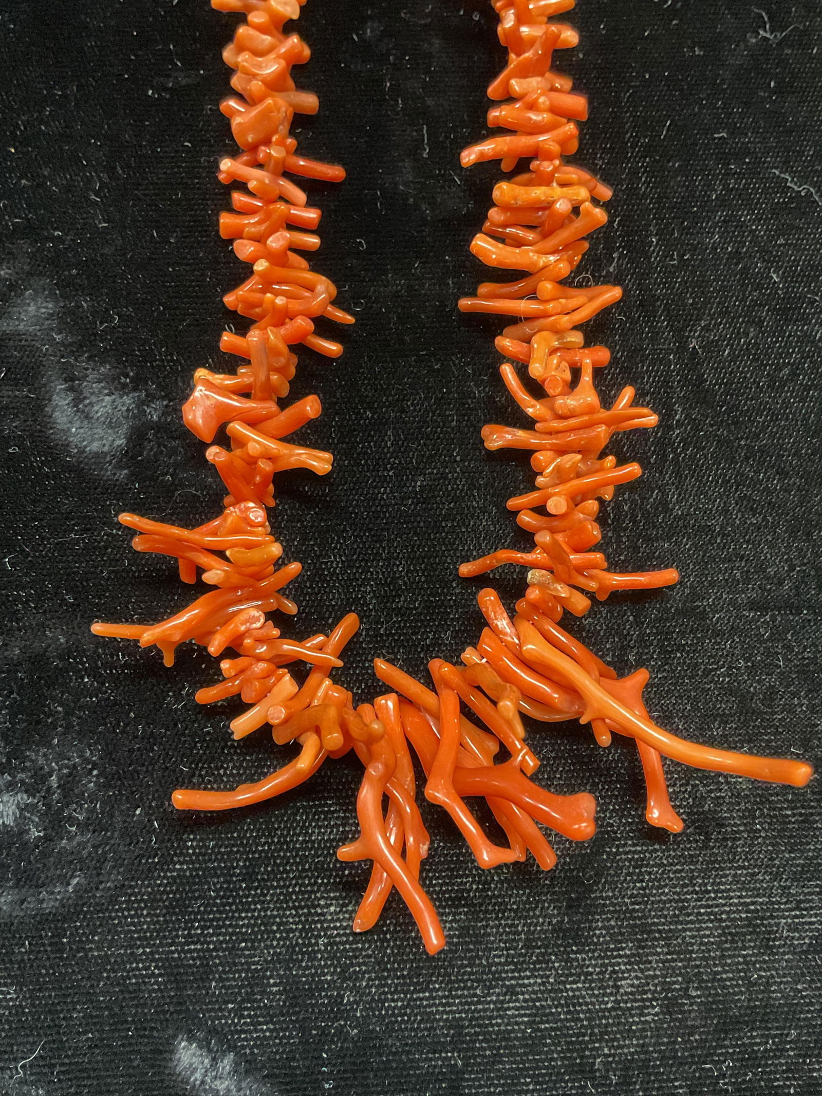 Vintage Red Coral Branch Beaded Necklace: Vintage red coral branch beaded necklace. Drop length approx. 8.75 inches. Includes box. Some surface wear including scratching observed. Estate jewelry, fine jewelry, cocktail jewelry, fashion jewelr