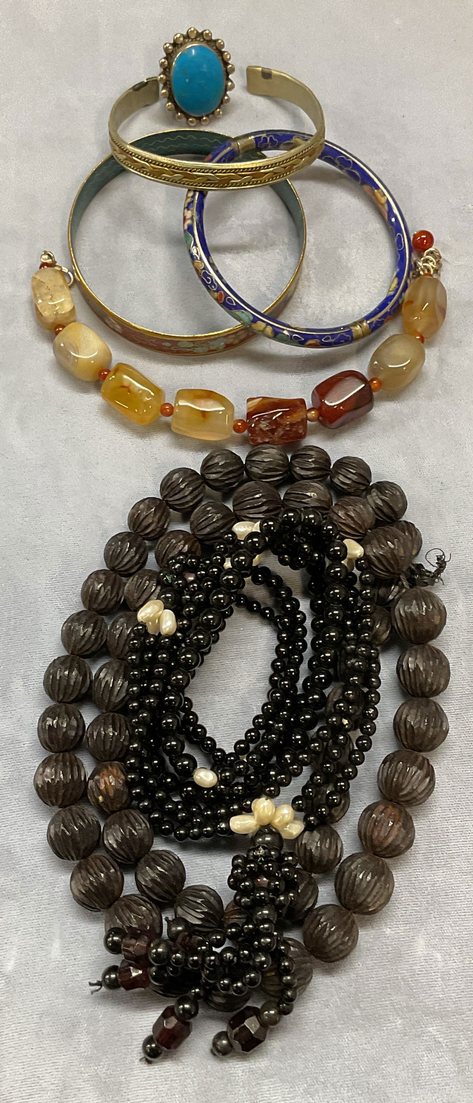 Group Lot Sterling Silver Turquoise Ring +: Group lot of jewelry. Includes a vintage sterling silver and turquoise ring. Tests for sterling using PuriTEST kit. Ring size 6.5. Total weight 8.5 grams. Also includes a beaded semiprecious stone bra