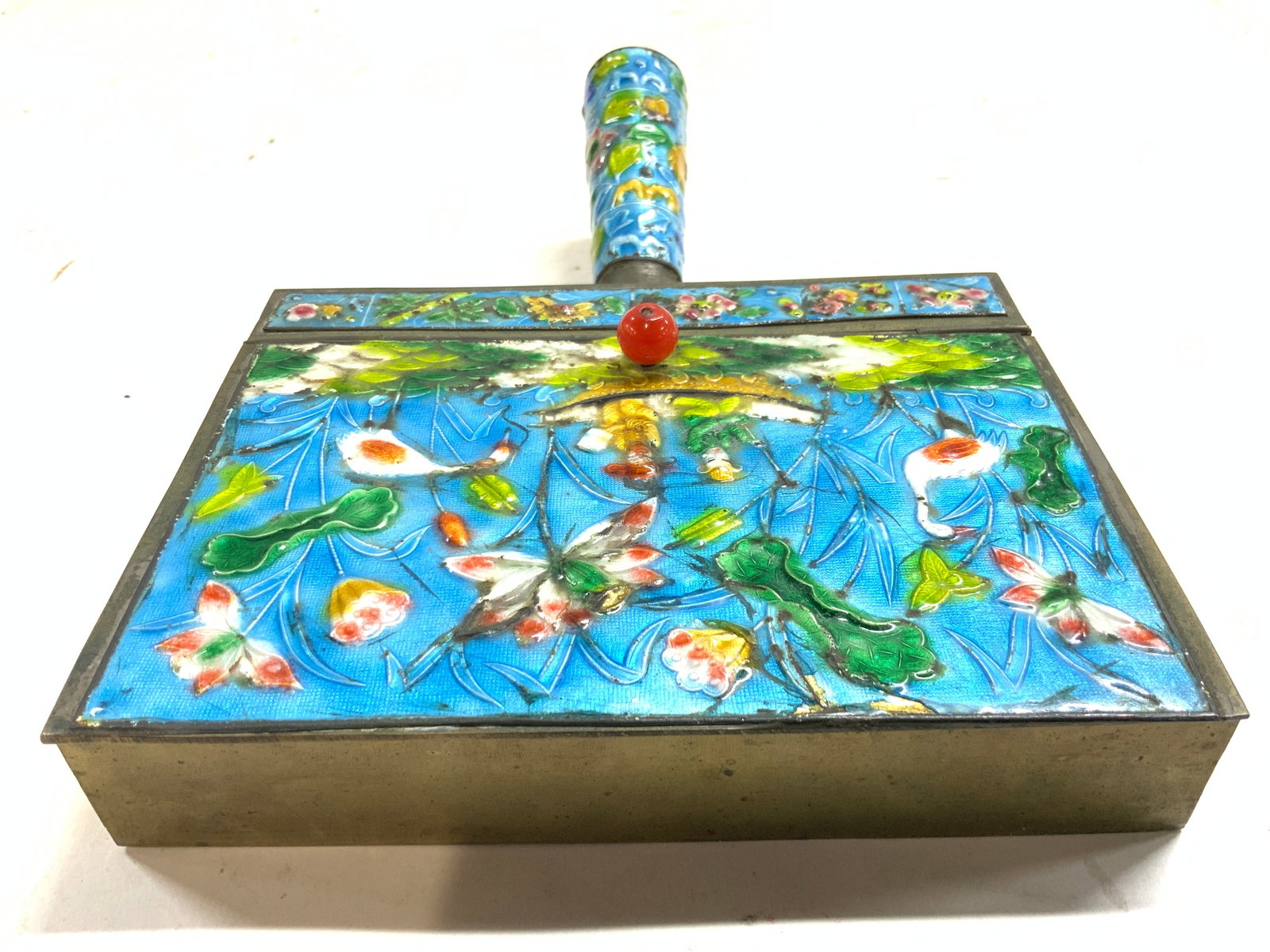 Vintage Asian Enameled Crumb Catcher W Lid: Crumb catcher is vintage. Piece is enameled with multi toned floral, leaf, crane & figures in canoe detail. Crumb catcher has hinged lid. Asian crumb Catcher. Piece measures approximately 8 inches dee