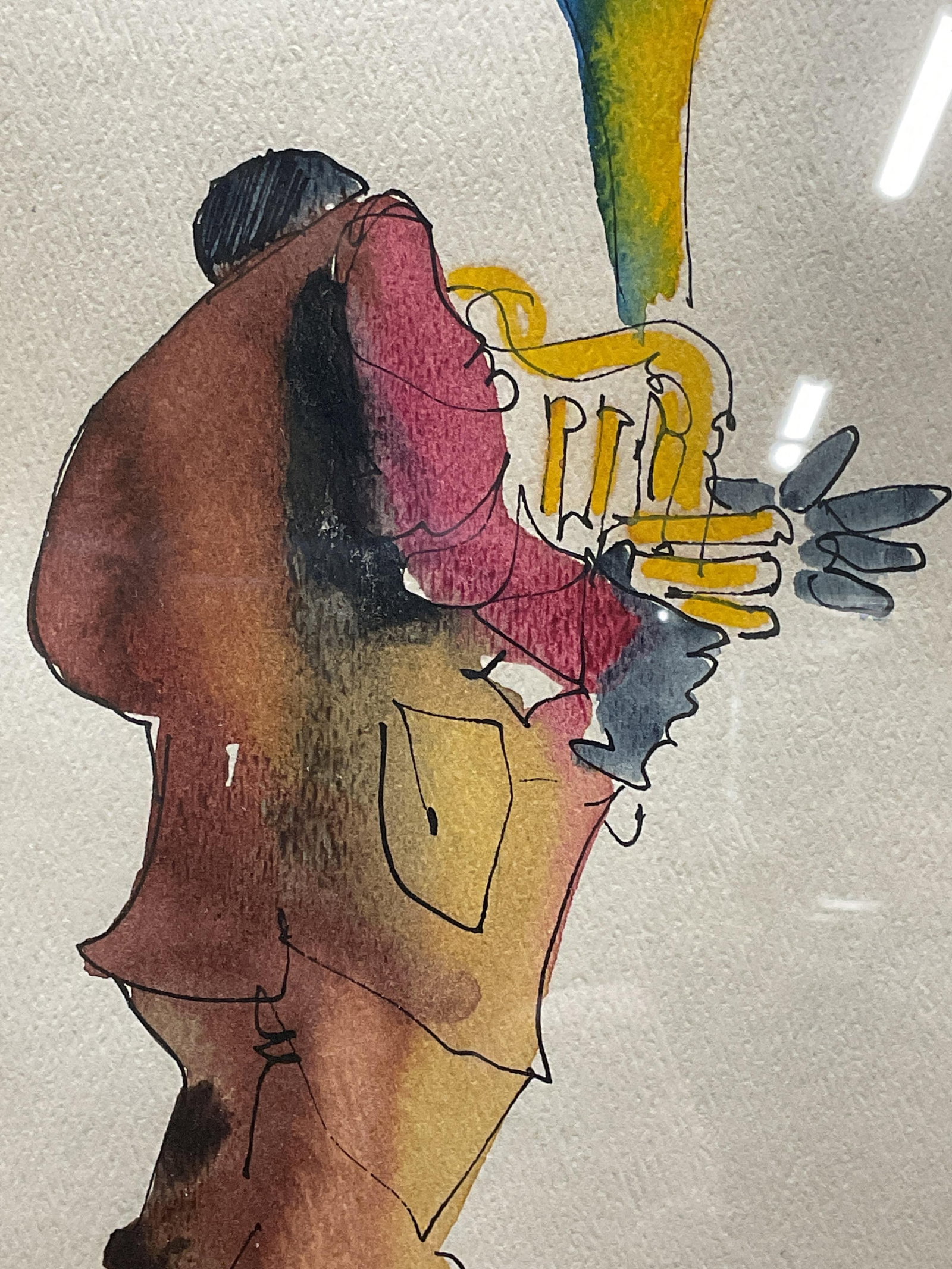 Framed Leo Meiserdorff Jazz Musician Watercolor: Framed Leo Meiserdorff watercolor painting on paper. Signed by artist on lower right corner. Subject is an obscured figure of a jazz musician playing a horn. Framed and matted in silver tone metal fra