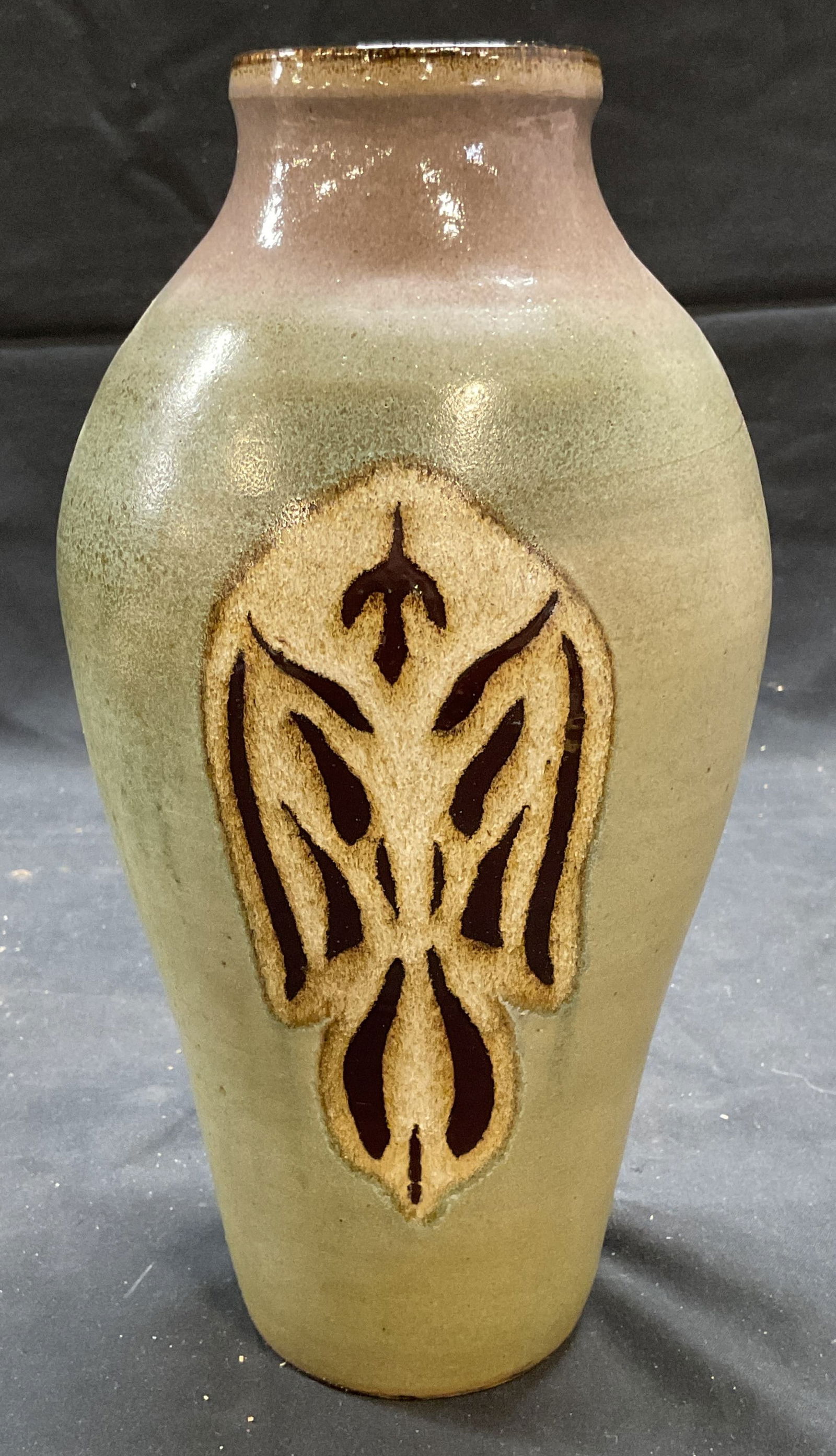 Vintage Green Stoneware Vase: Vintage stonewares vase. Hand glazed in green with decorative pattern. Measures approx. 5 x 10 inches. Piece has weight. Some surface wear consistent with exposure. Vase, stoneware vase, vintage vase,