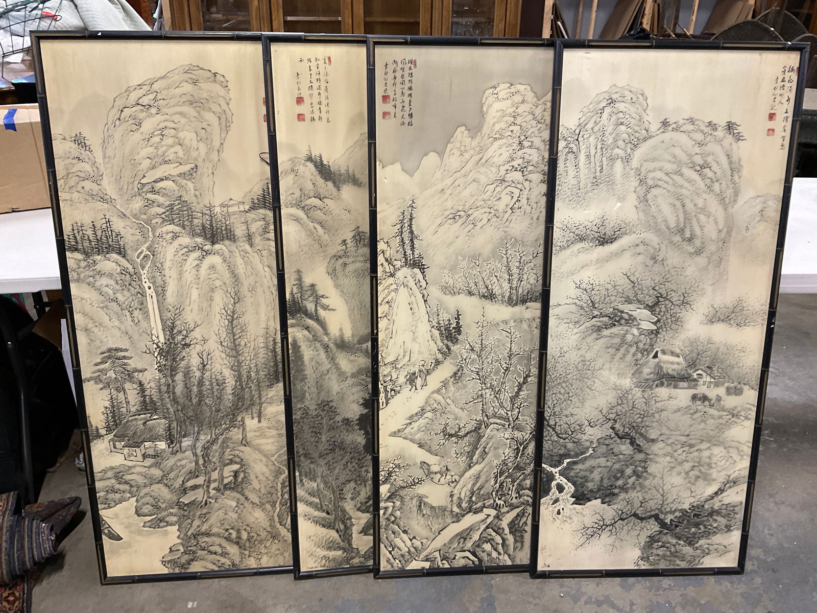 Set 4 Asian Panels W/ Wood Frames (1 of 10)