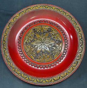 Vintage Carved Wood Lacquered Floral Plate