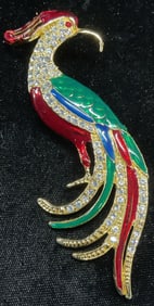 Gold Tone Bird of Paradise Crystal Enamel Brooch