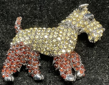Silver Tone Crystal Terrier Dog Brooch