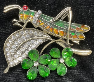 Gold Tone Enamel Crystal Grasshopper Brooch