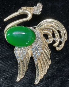 Gold Tone Faux Jade Crystal Crane Brooch