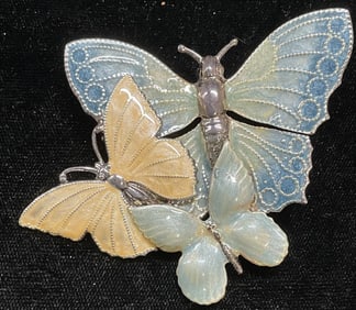 Silver Tone Blue & Yellow Enamel Butterfly Brooch