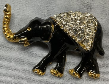 Gold Crystal Enamel Elephant Brooch