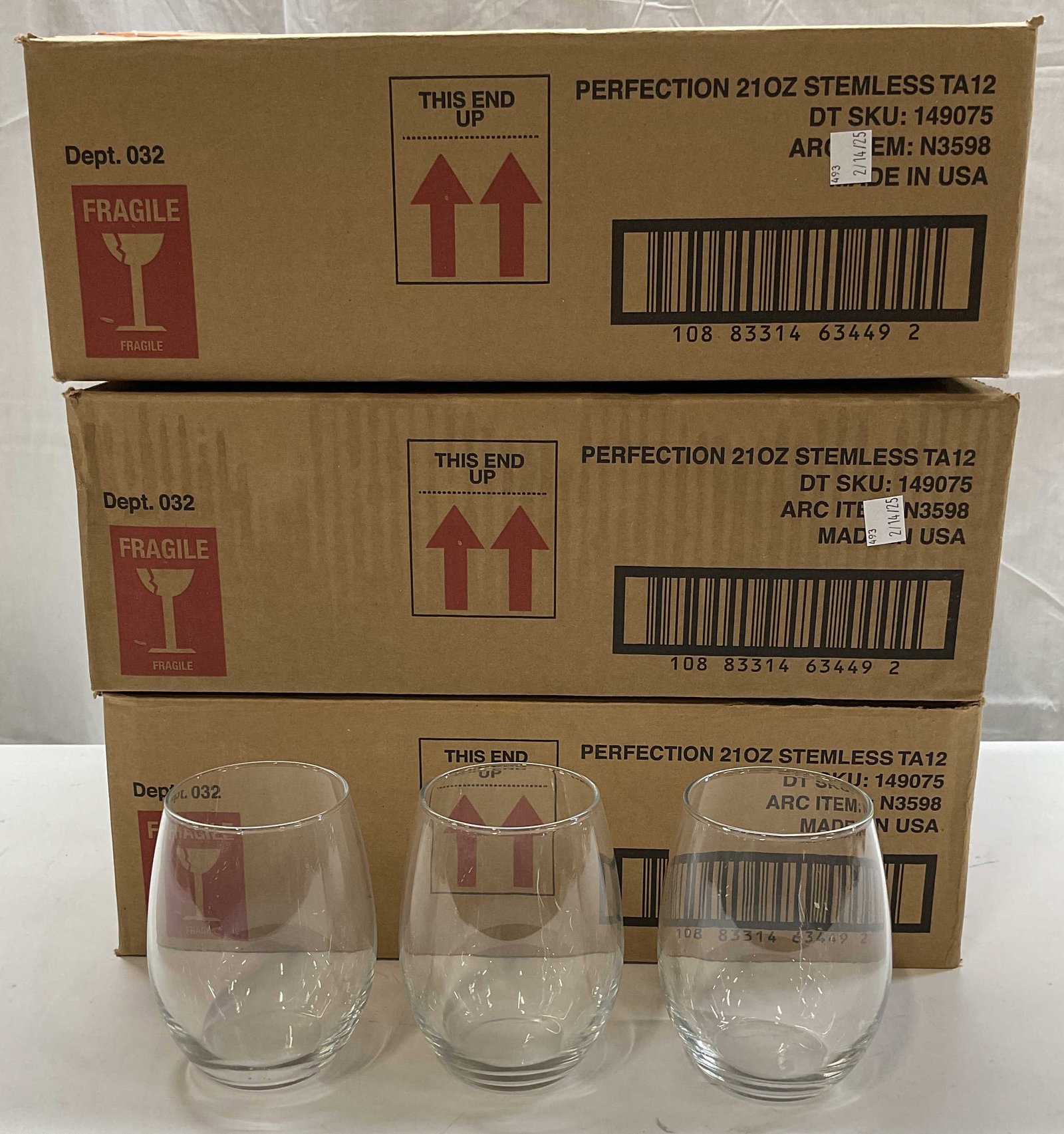 Set 35 Stemless Wine Glasses: Set of 35 stemless wine glasses. All pieces like new. Measure approx. 3.5 x 5 inches each. All pieces have some surface wear consistent with exposure. Includes boxes. Wine glasses, wine glasses, steml