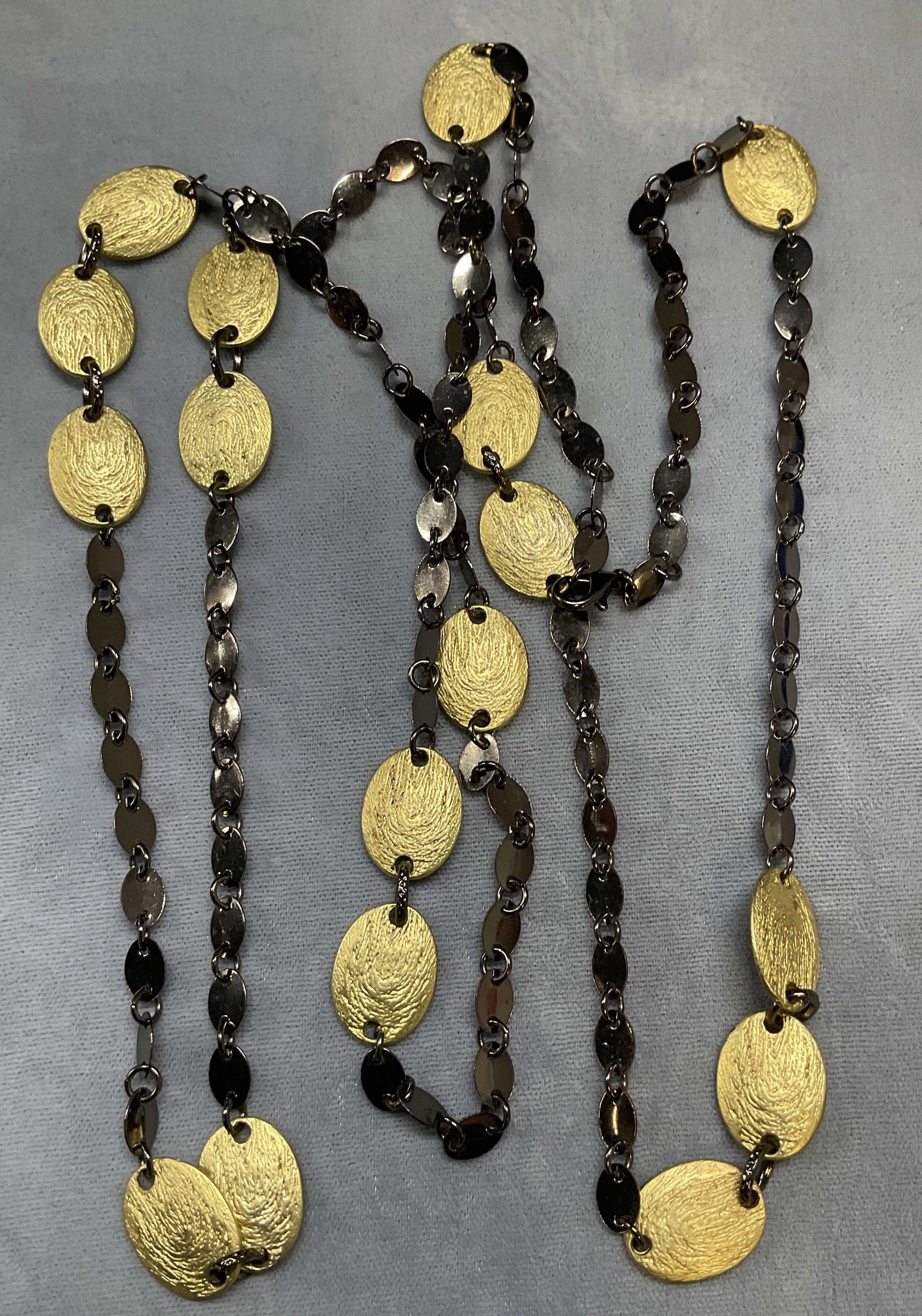 Silver & Brushed Gold Tone Pendant Necklace: Silver tone chain necklace with brushed gold tone pendants. Drop length approx. 23.5 inches. Some surface wear including scratching observed. Jewelry, estate jewelry, costume jewelry, cocktail jewelry