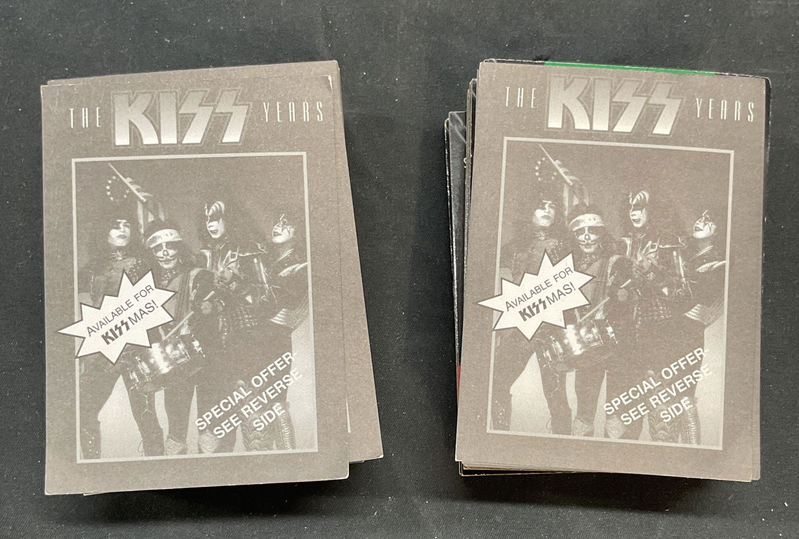 Group Lot Vintage KISS Trading Cards: Group lot of 50+ pieces of vintage KISS trading cards. Cards measures approx. 3.5 x 2.5 inches each. Not examined individually or for set completion. All pieces As Is. Cards may have some wear consist