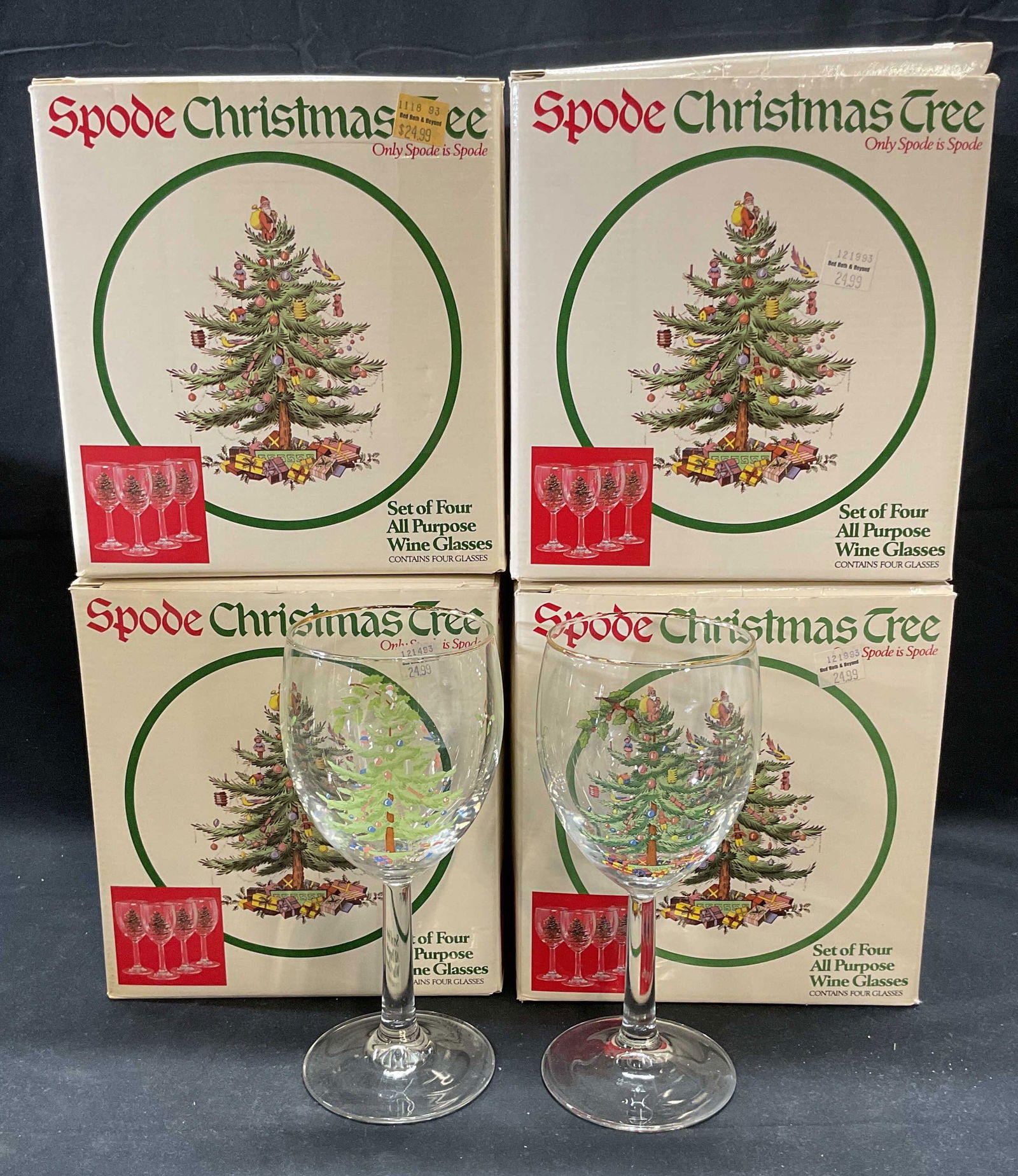 Set 18 Spode Christmas Tree Wine Glasses: Set of 18 Spode Christmas Tree pattern wine glasses. Measure approx. 3 x 7.25 inches each. Includes boxes. All glasses have surface wear including fading to patterns and loss to gilt observed. Spode,