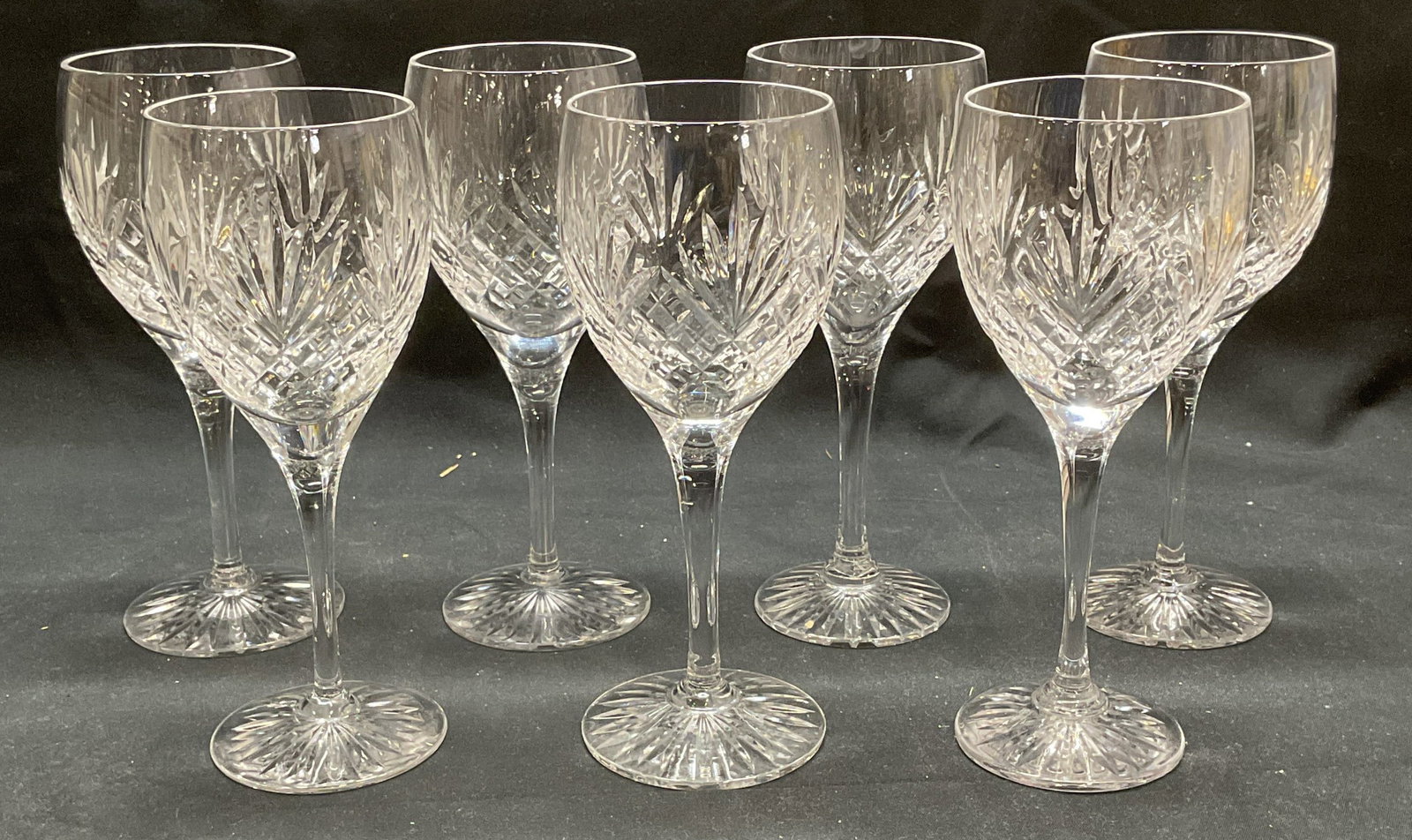 Set 7 Royal DOULTON Cut Crystal Wine Glasses Eng: Set of 7 Royal DOULTON cut crystal wine glasses. Signed on undersides. Made in England. Measure approx. 2.75 x 7 inches each. All pieces have some surface wear including scratching and minor chips obs
