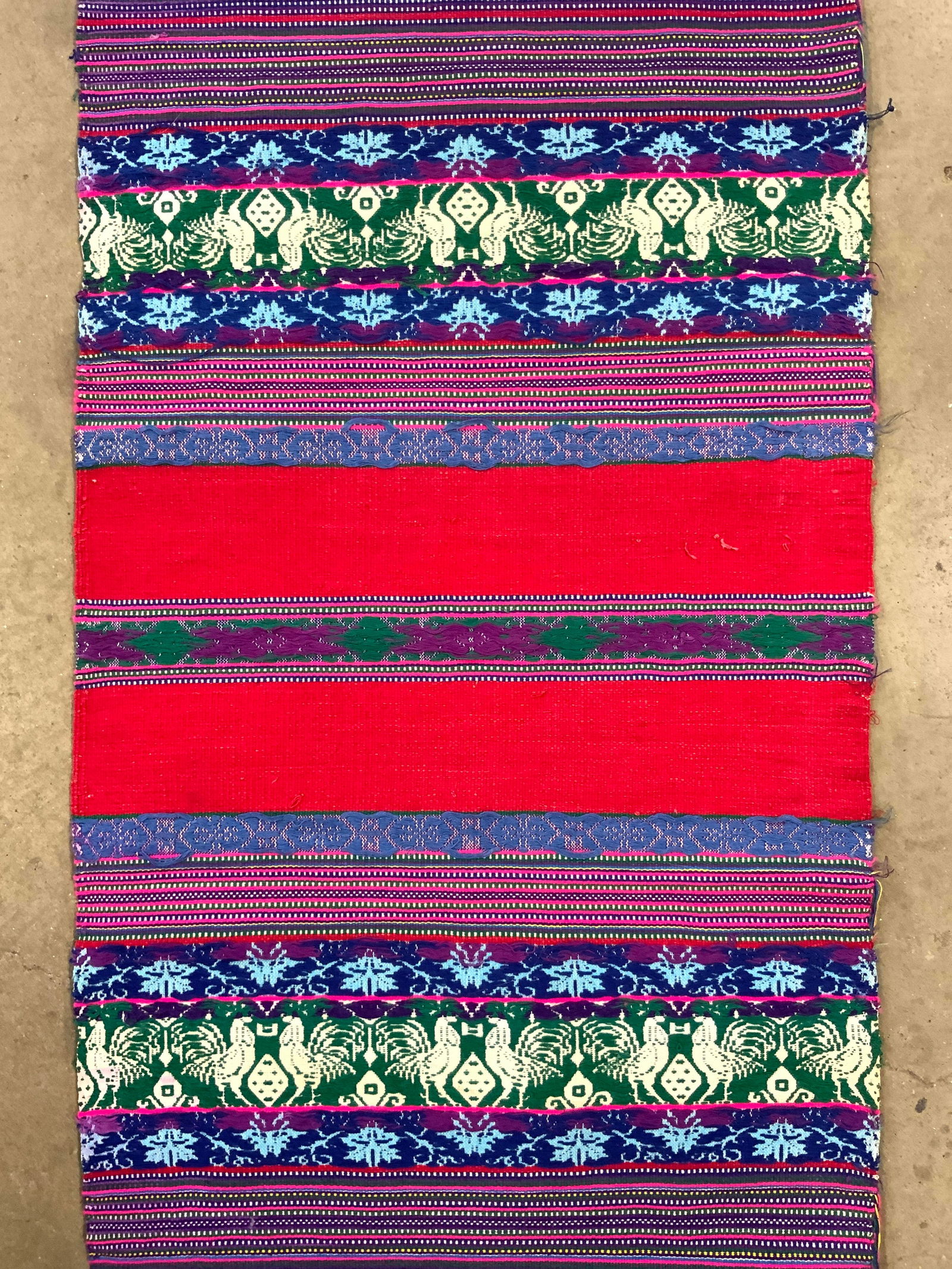 Vintage Fringed Table Runner: Table runner is vintage. Piece has intricate multi toned stripe, bird, leaf & geometric detail. Table runner measures approx, 103 inches long 17 inches wide. Runner, table runner, vintage runner, vint