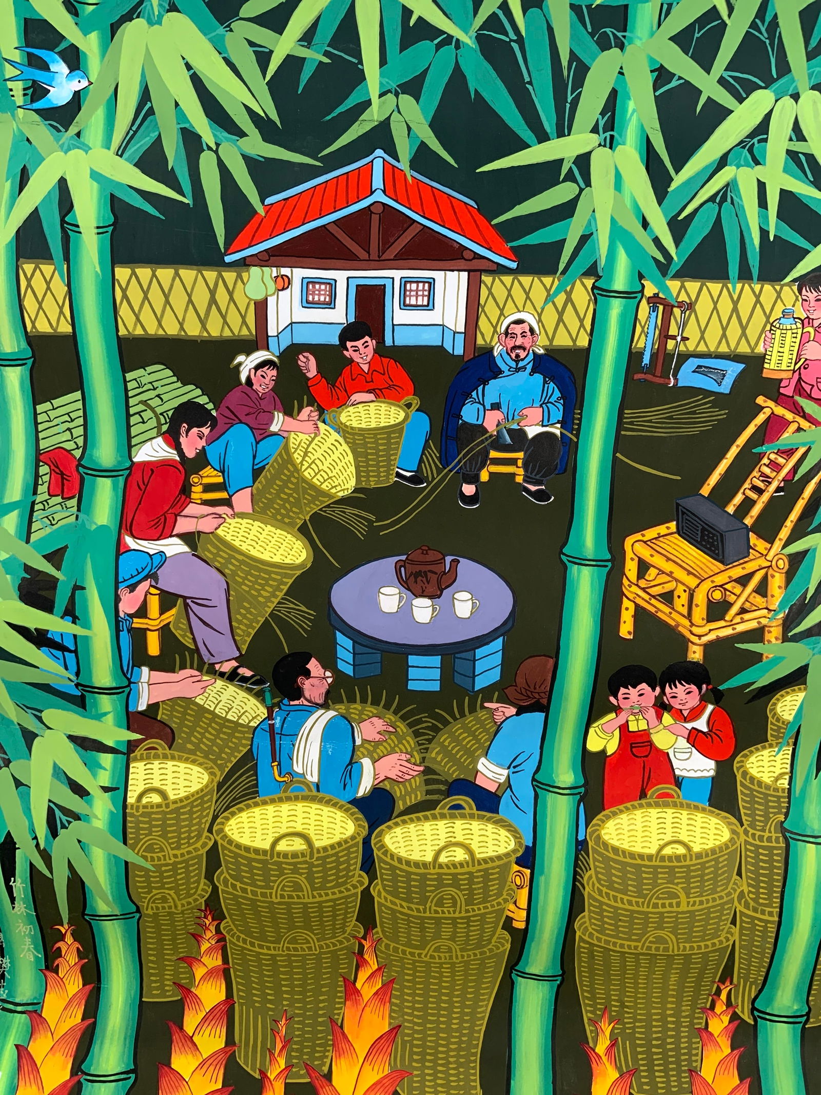 Vntg Asian Folk Art Basket Weaving Painting (1 of 11)