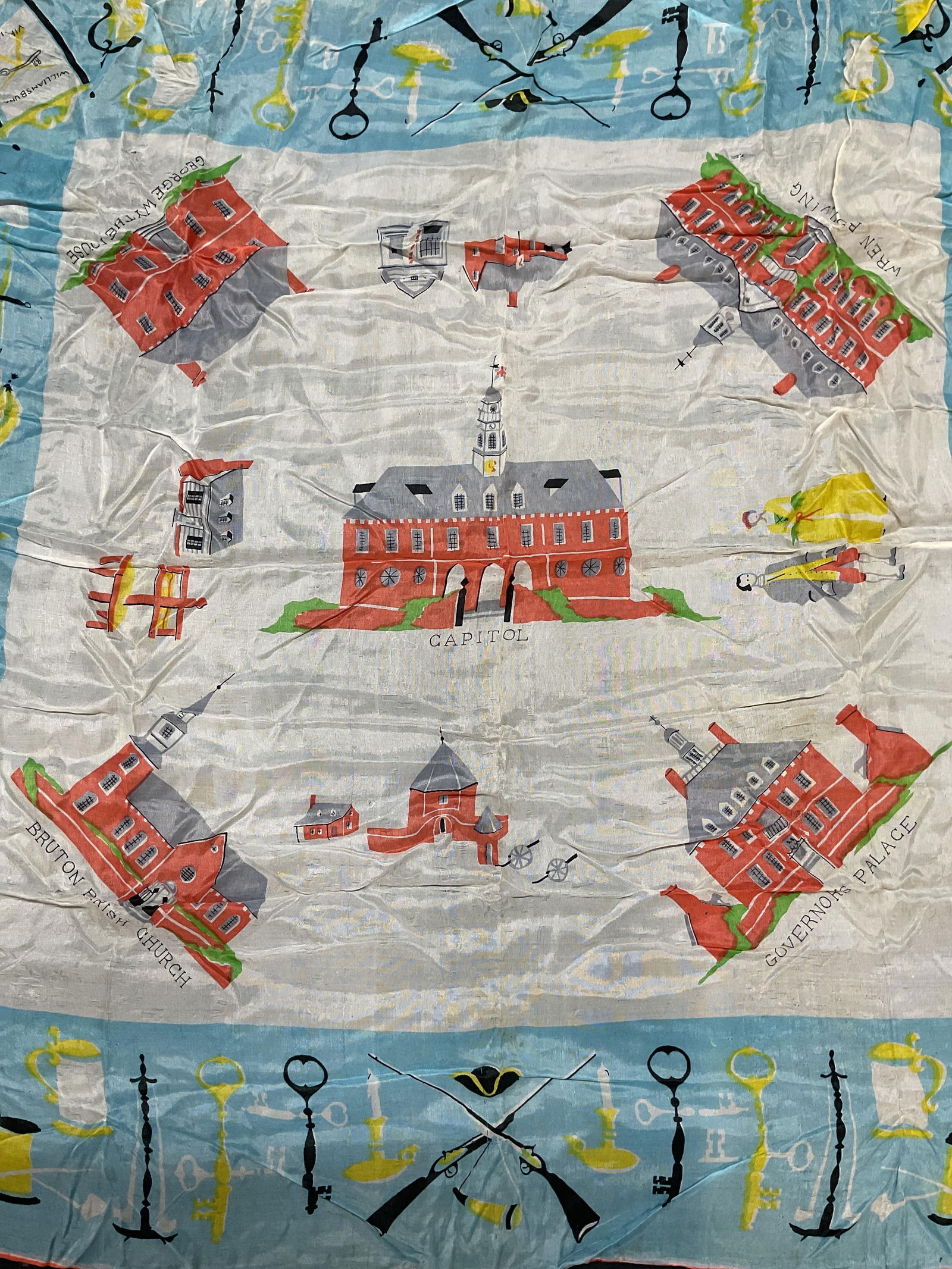 Vintage Williamsburg Virginia Silk Scarf: Vintage Williamsburg Virginia souvenir scarf. Graphic print with landmark design. Material feels like silk. Measures approx. 27 x 27 inches. Some wet to material including tearing and pulling observed