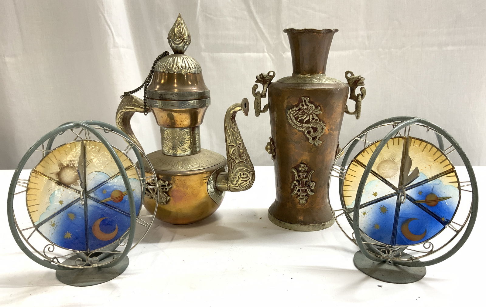 Lot 4 Asian Copper Vase Teapot & Candle Holders (1 of 9)