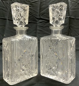 Pair Cut Crystal Decanters W Stoppers