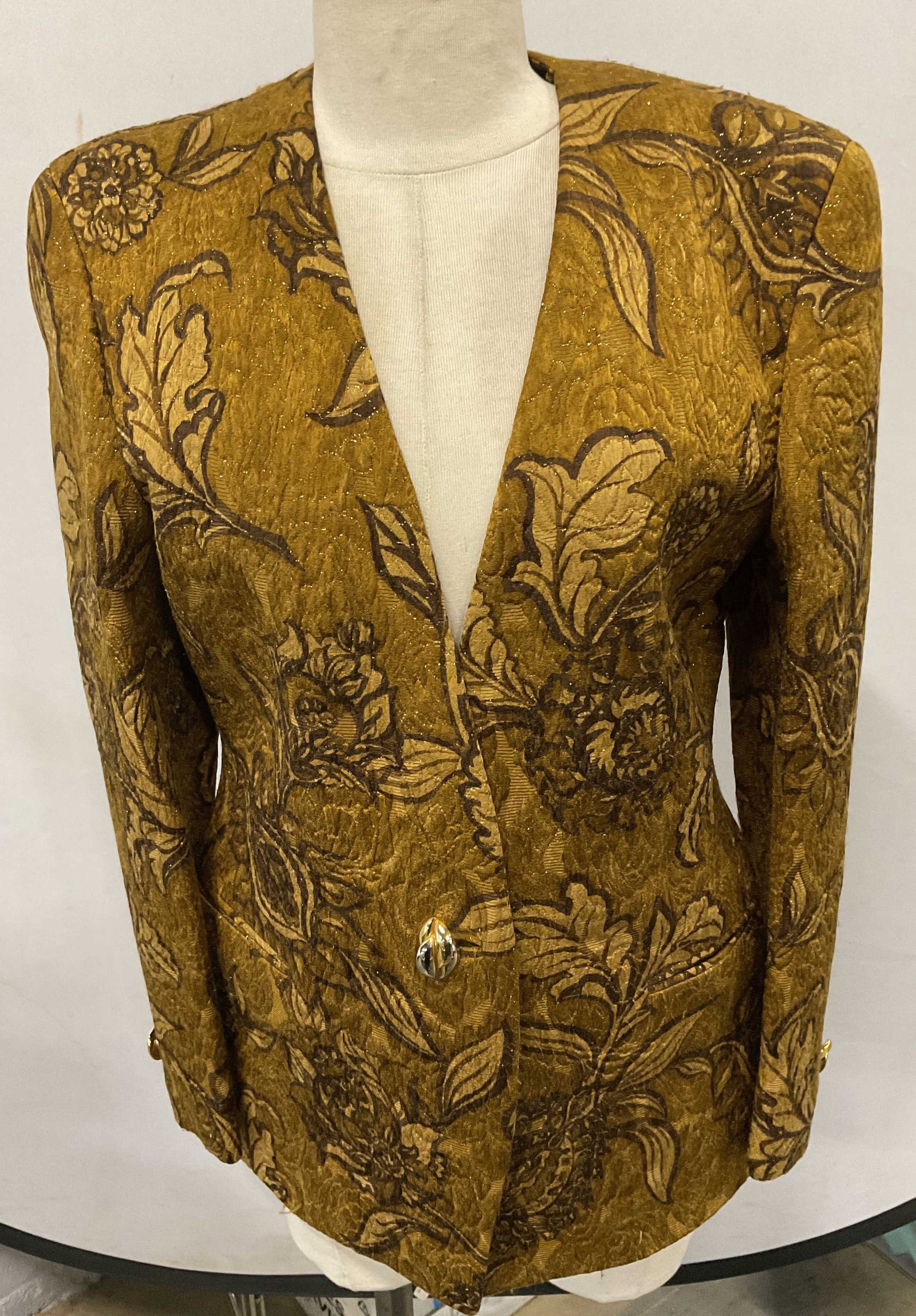 Vintage Basile Brown Floral Jacket, Italy: Vintage Basile brown and metallic thread floral pattern jacket with front button. Possibly wool blend. Measures approx. 18 inches across chest, 27 inches from shoulder to hem. Made in Italy. Some wear