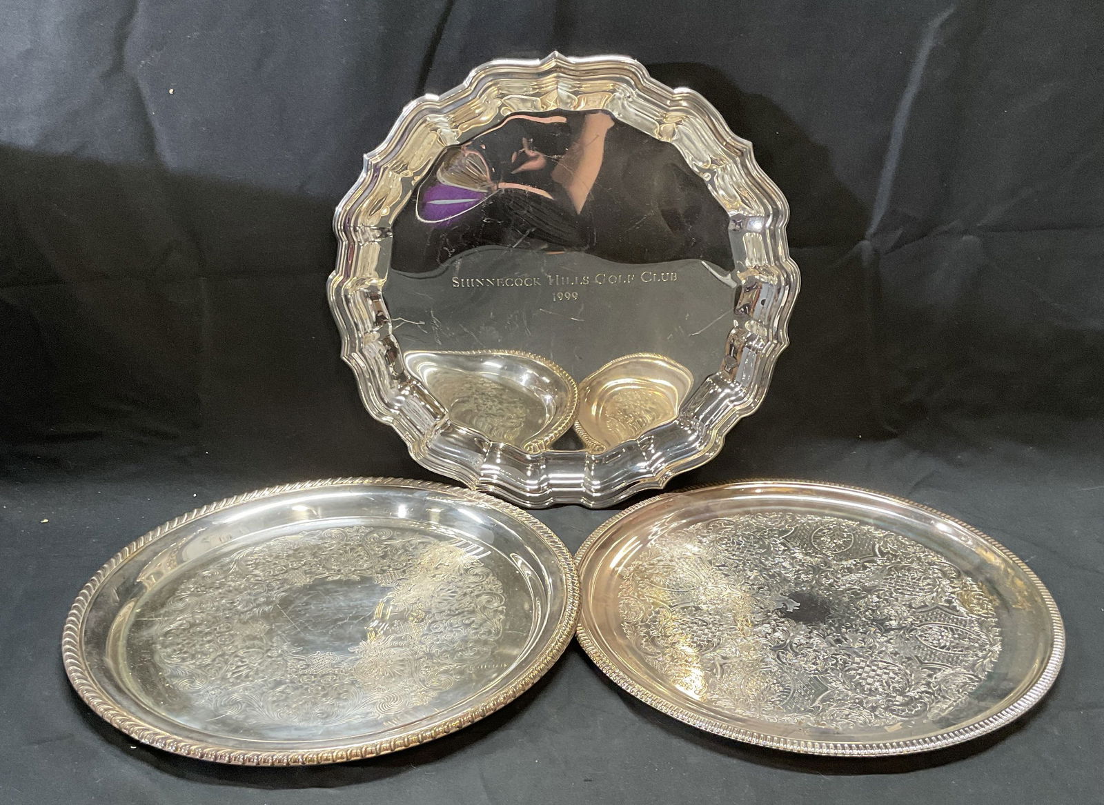 Lot 3 Tiffany & Co Pewter Tray, More: Vintage Tiffany and Co pewter tray. Engraved, reads Shinnecock Hills Gold Club 1999. Signed on underside. Measures approx. 12 inches wide. Butler Caviar silver plated tray and unmarked silver plated t