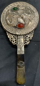 Silver Plate Carved Dragon Phoenix Hand Mirror
