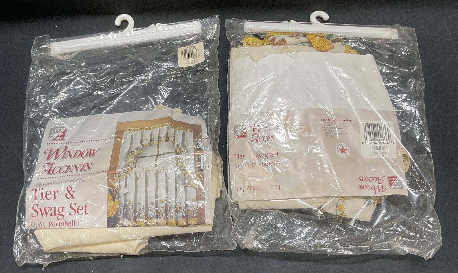 Pair Lees Curtain Co Tier & Swag Sets NIP: Pair of Lees Curtain Company tier and swag sets. Yellow and white with mushroom pattern. Measure approx. 36 inches each. New in packages. Not examined out of packages. Wear to each consistent with exp