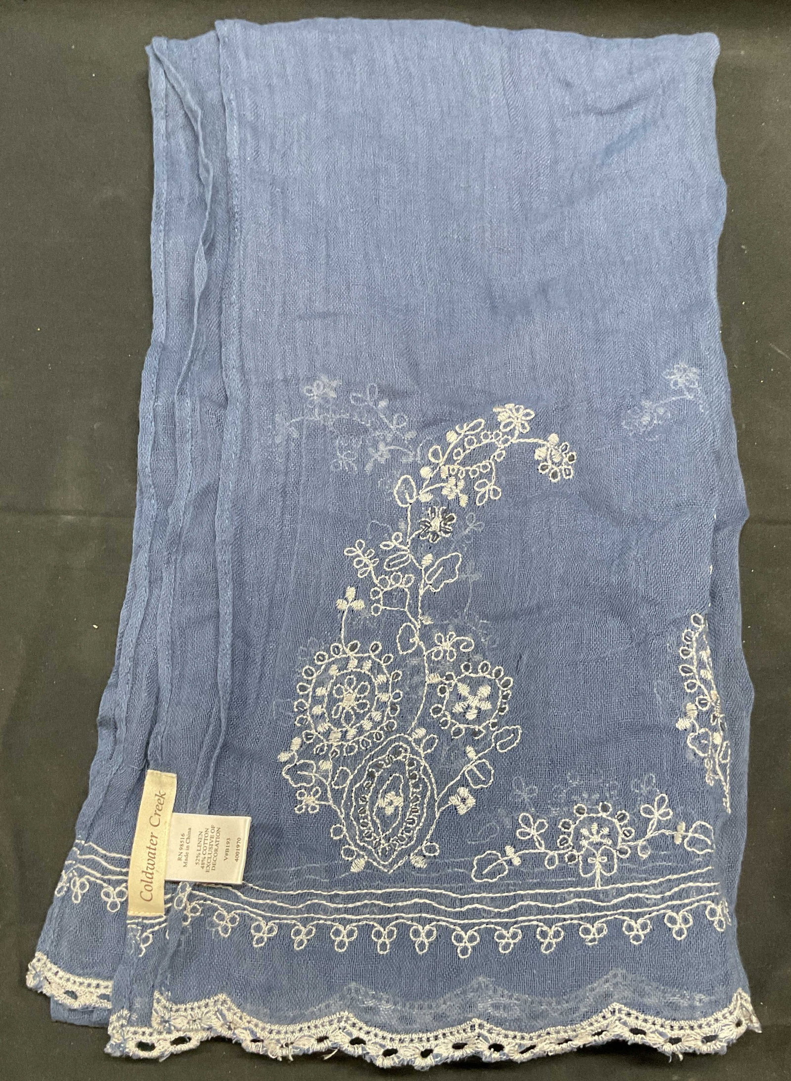 Coldwater Creek Blue Linen & Cotton Scarf: Coldwater Creek blue linen and cotton blend scarf with embroidered floral design. Measures approx. 72 inches long. Some wear to material consistent with exposure. Coldwater creek, Coldwater creek scar