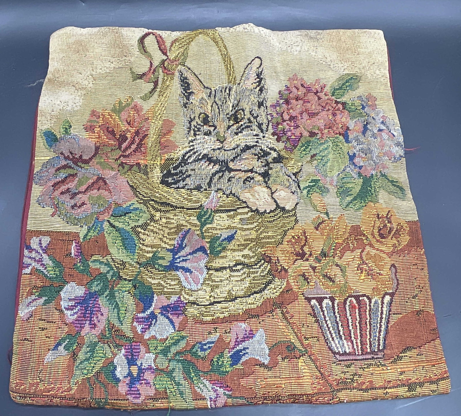 Cat W/ Florals Motif Tapestry Style Pillow Case: Cat with Florals Motif Tapestry Style Fabric Pillow Case. Square form. Measures approx. 15.25W x 15.25L in. Loose threads, holes, discoloration, and surface wear present. Textiles, fabrics, Cat With F