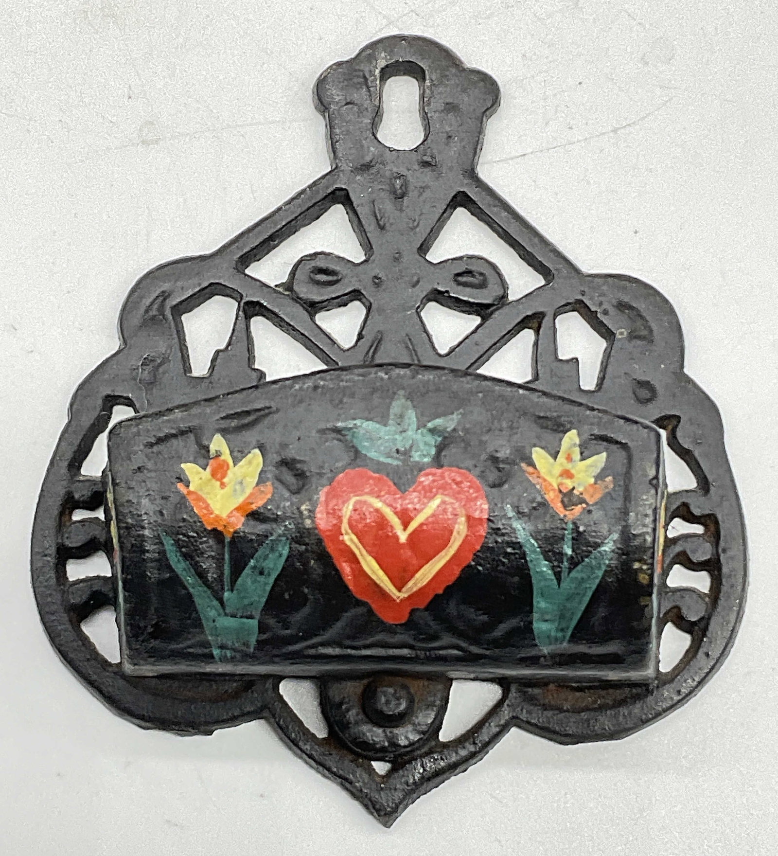 Vintage Hand Painted Iron Match Stick Holder: Vintage hand painted iron match stick holder. Measures approx. 4.5L x 4W in. Surface wear and residue present. Hardware needs tightening. home decor, home accents, homewares, housewares, home accessor