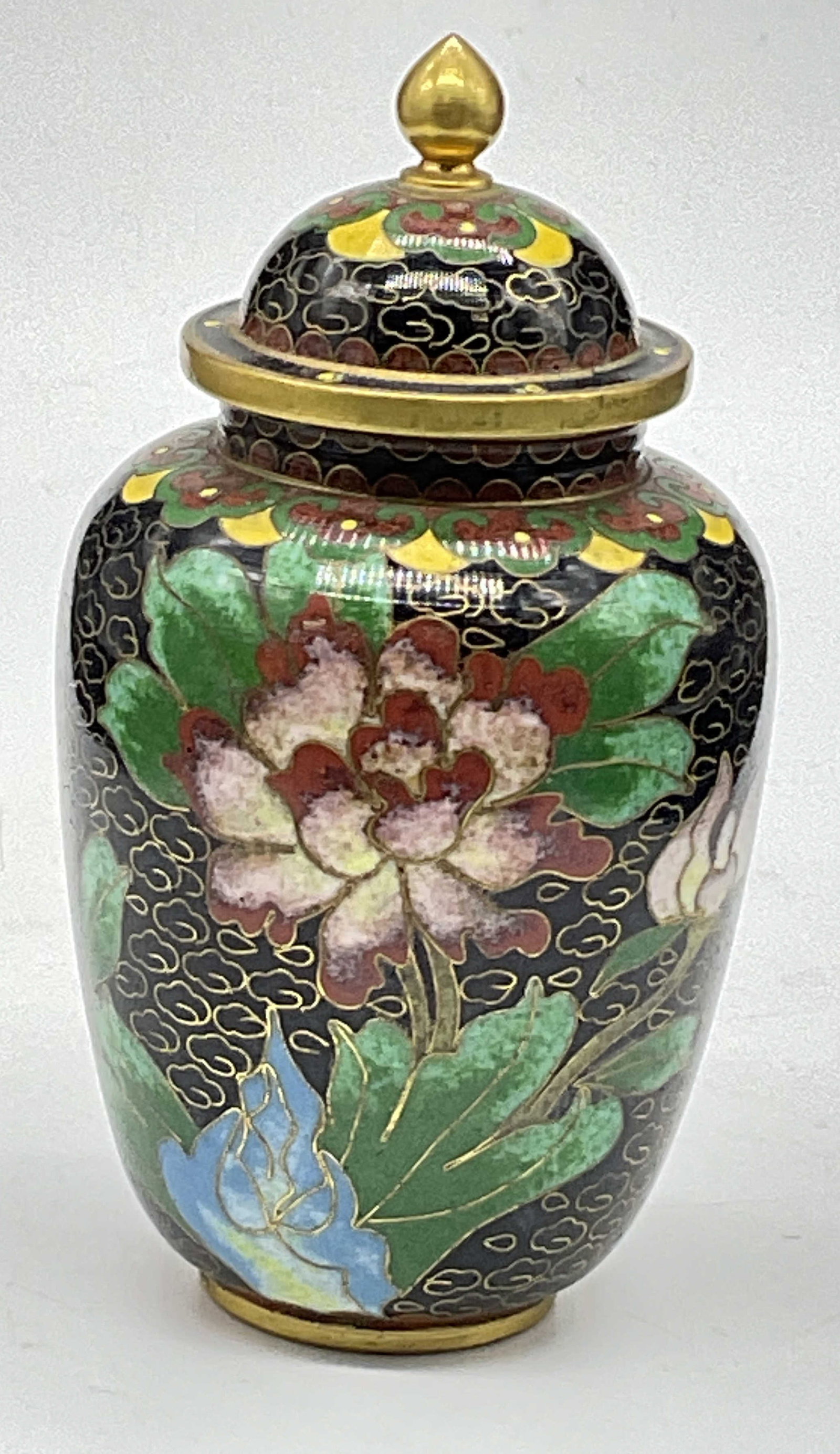 Vintage Asian Floral Motif Cloisonne Vase, Lidded: Vintage Asian Floral Motif Cloisonne Vase. Lidded. Multicolored designs throughout. Measures approx. 4.5H x 2W in. Pitting and surface wear present. home decor, home accents, homewares, housewares, ho