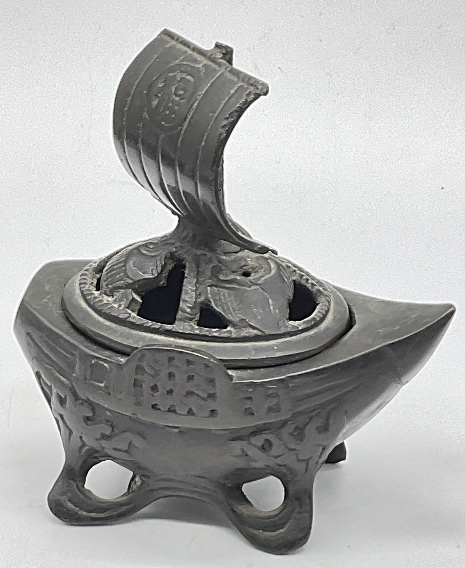 Vintage Black Metal Asian Ship Form Censer, Lidded (1 of 8)