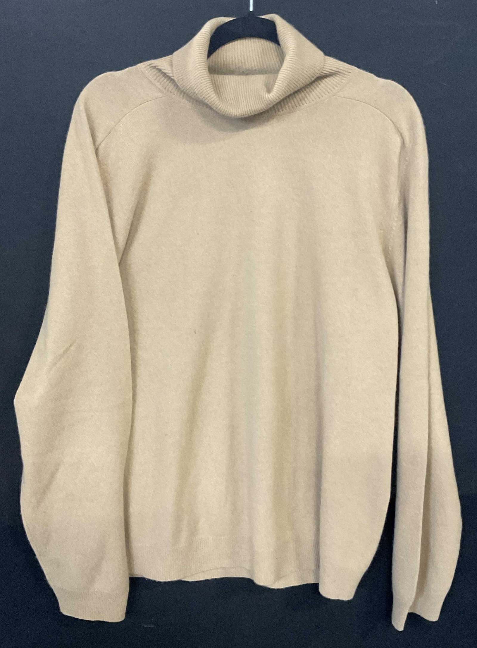 GLEN ROYAL 100% Cashmere Turtleneck Sweater: GLEN ROYAL 100% Cashmere Turtleneck Sweater. Beige hued. Tag reads Glen Royal, 100% Cashmere, XL. Tag is loose. Measures approx. 28.5 inches in length, measured flat. Some holes to piece. Surface wear
