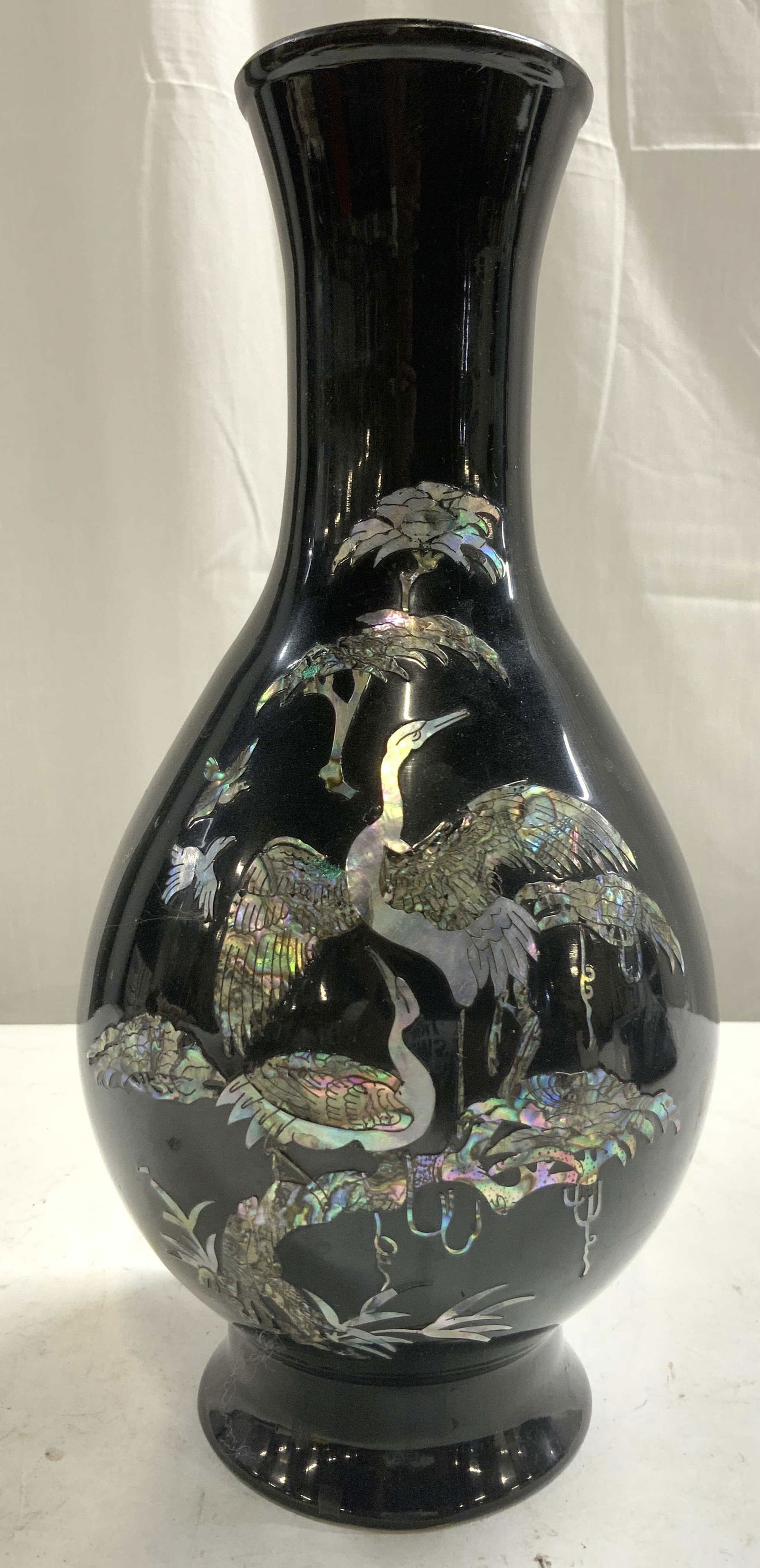 Asian Black Lacquer Vase W Mother Of Pearl Detail (1 of 7)