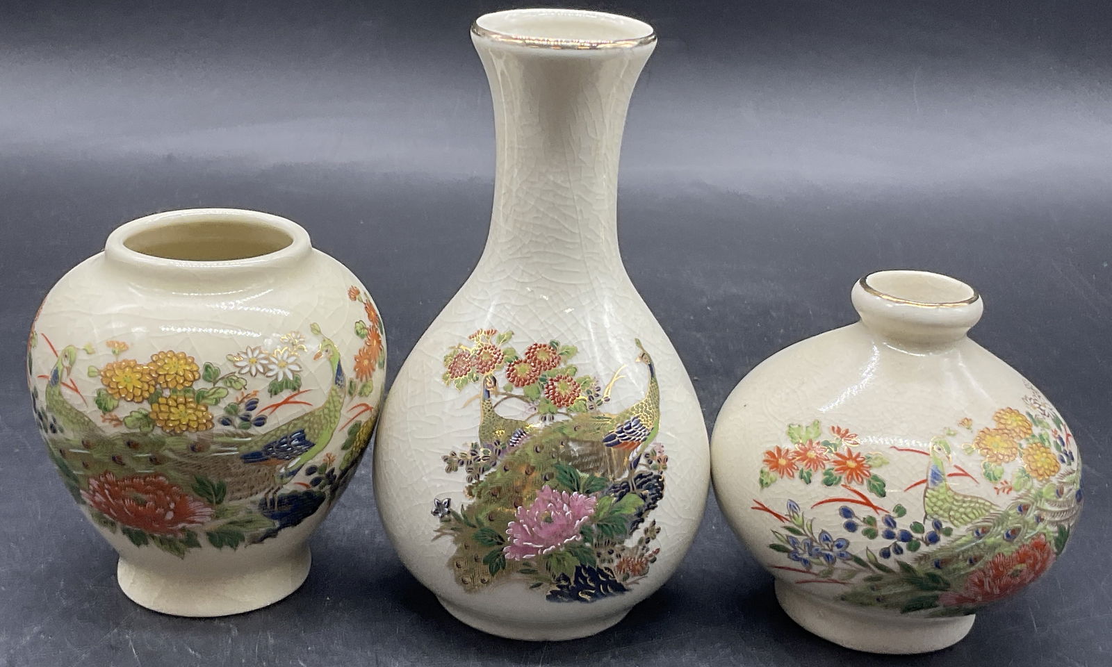 Lot 3 Vintage Peacock Motif Porcelain Vases, Sig+ (1 of 8)