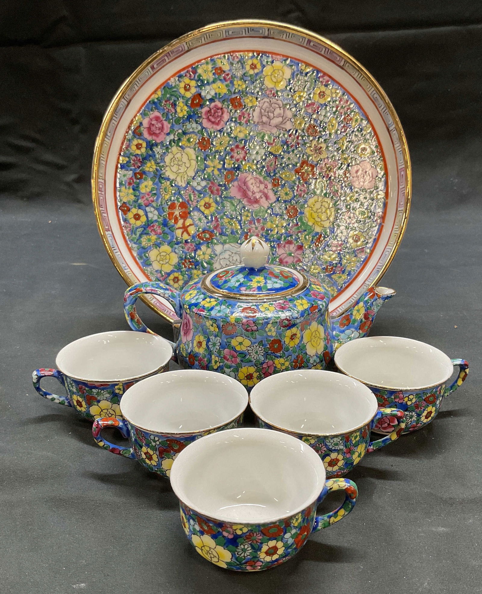 Set 7 Signed Asian Porcelain Floral Tea Set (1 of 9)