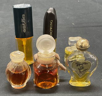 Lot 6 Nina Ricci Lalique Crystal Mini Perfume +: Lot of 6 mini size perfumes. Includes Nina Ricci perfume in Lalique crystal bottle. Made in France. Also includes Gres Cabrochard, Evyan White Shoulders cologne, and 3 Estee Lauder perfumes. Largest b