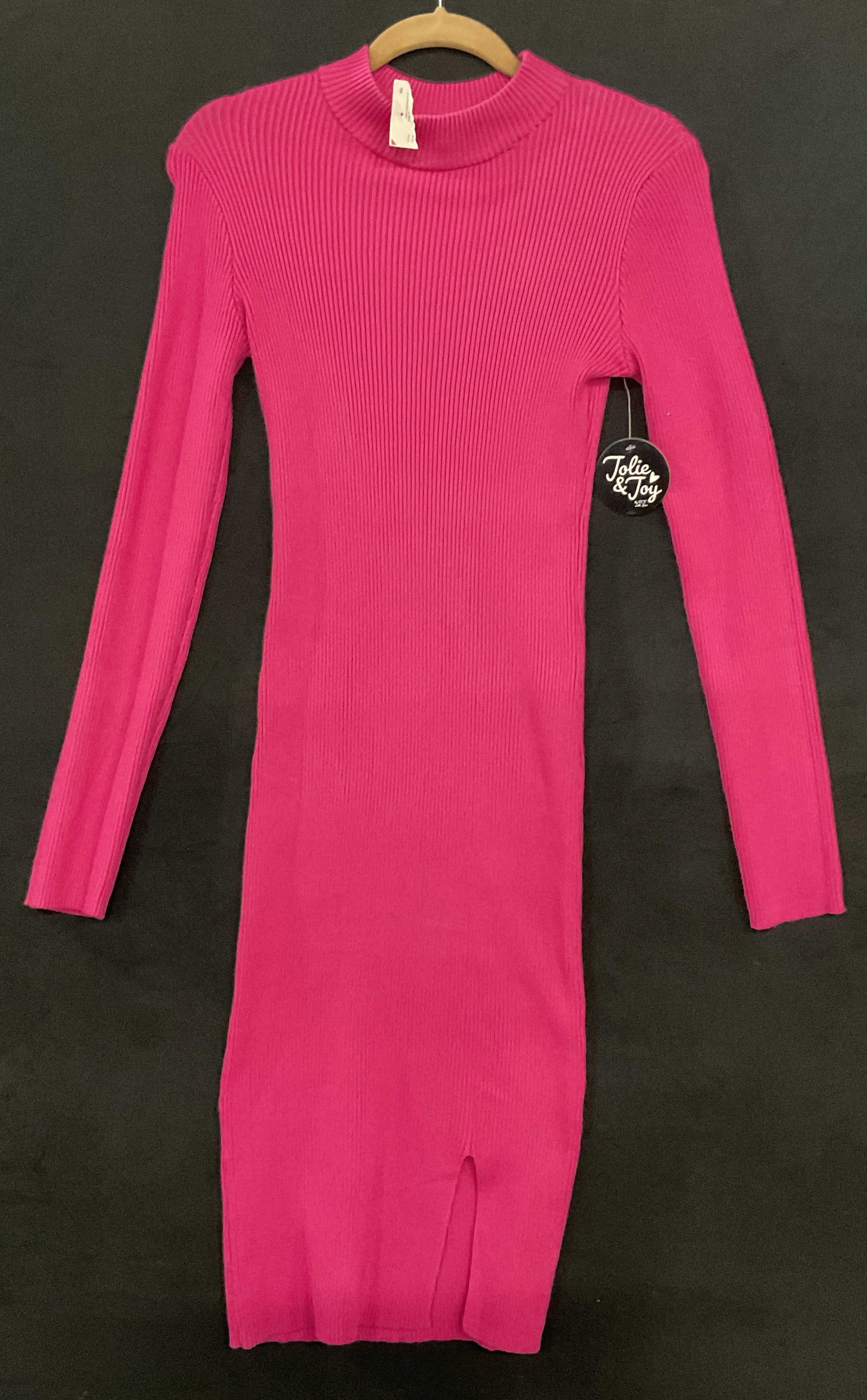 JOLIE & JOY NWT Hot Pink Long Bodycon Dress: Brand tag reads JOLIE & JOY, Made in Bangladesh. Size tag reads L. Material tag reads 70% Rayon 30% Polyester. Tag attached reads JOLIE & JOY. Length measured flat approx. 44 inches. Some wear consist