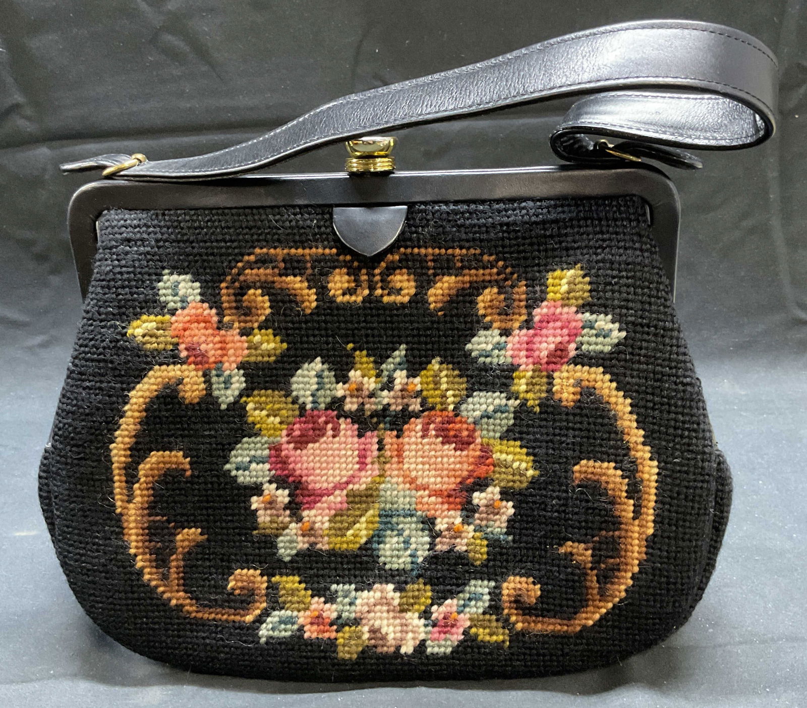 Black Needlepoint Tapestry Floral Handbag (1 of 6)