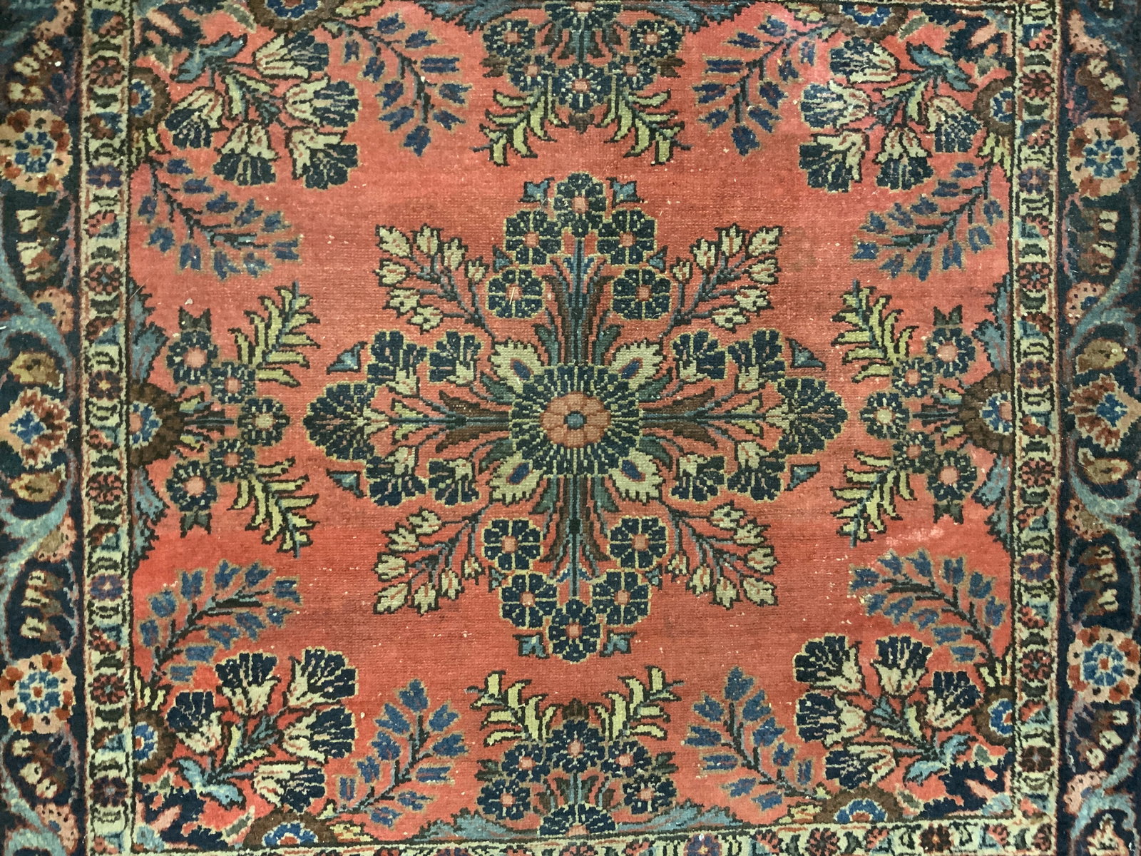 Antique Handmade Persian Wool Area Rug: Rug is handmade and wool. Piece is antique. Rug appears to be Persian . Rug has intricate multi toned floral motif. Rug measures approximately 42 inches long 40 inches wide. Rug, carpet, area rug, woo