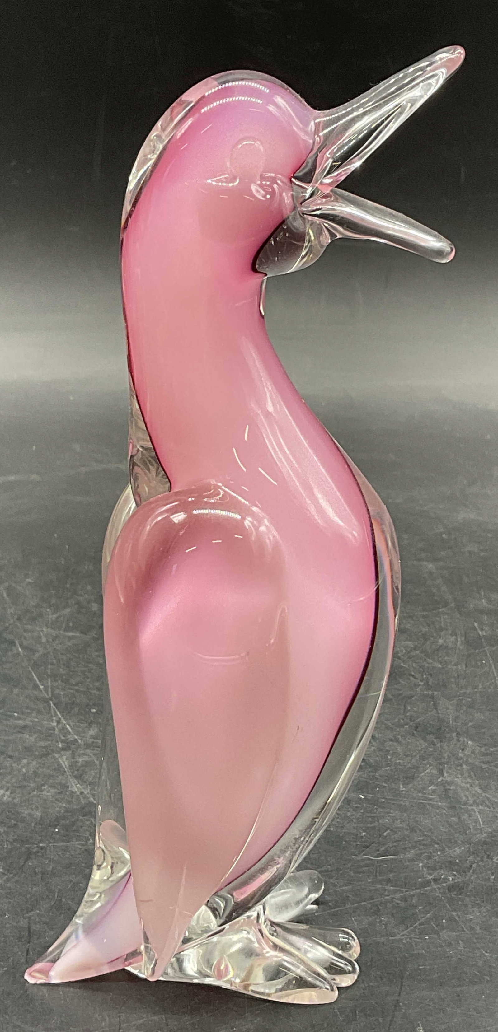 Pink & Clear Art Glass Bird Figural: Pink & Clear Art Glass Bird Figural. Measures approx. 6H x 2.25W in. Chipping and surface wear present. home decor, home accents, homewares, housewares, home accessories, collectibles, Decorative arts