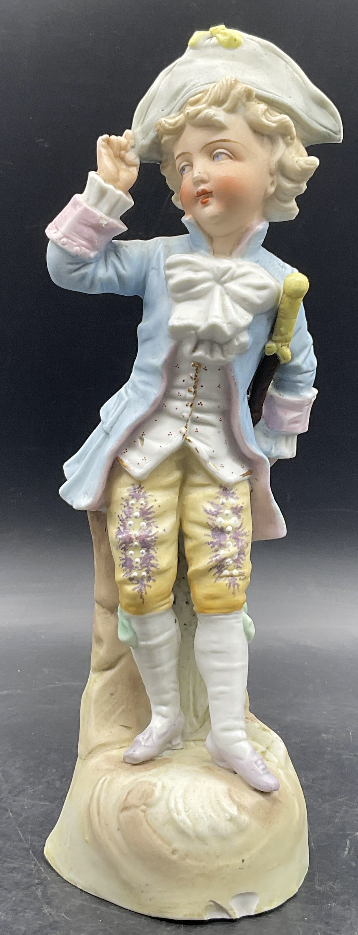 Vintage Hand Painted Porcelain Male Figural: Vintage Hand Painted Porcelain Male Figural. Measures approx. 11.5H x 3.75W in. Measured at widest point. Chipping, losses, cracking, and surface wear present. home decor, home accents, homewares, hou