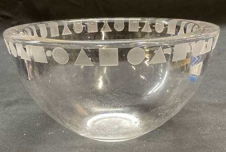 Sasaki Ward Bennett Geometric Crystal Bowl: Sasaki Ward Bennet crystal bowl with geometric design around rim. Signed on underside. Measures approx. 6 x 3 inches. Thick walled crystal. Some surface wear including scratching observed. Sasaki, War