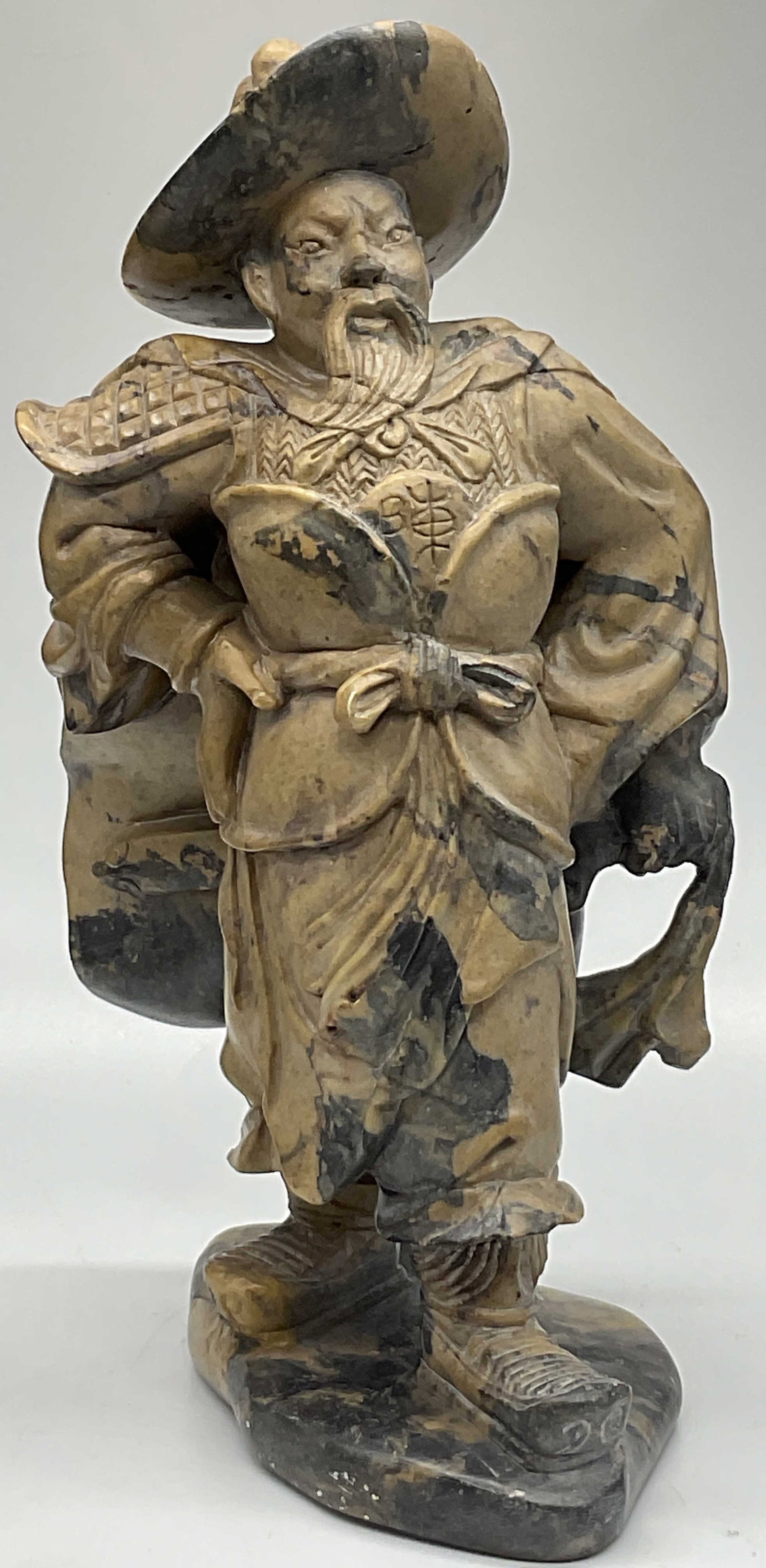 Signed Carved Natural Stone Asian Figural: Signed Carved Natural Stone Asian Figural. Thick walled weighty piece. Underside is signed / trademarked, illegible. Measures approx. 9H x 4.5W in. Chipping, cracking, and surface wear present. Sticke