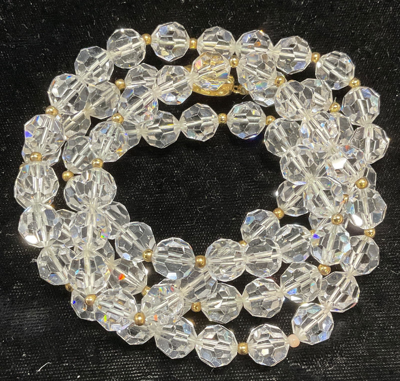 Vintage Colorless Glass Crystal Beaded Necklace: Vintage colorless glass crystal and gold tone seed bead necklace. Drop length approx. 16 inches. Some wear to piece including scratching observed. Jewelry, estate jewelry, costume jewelry, cocktail je