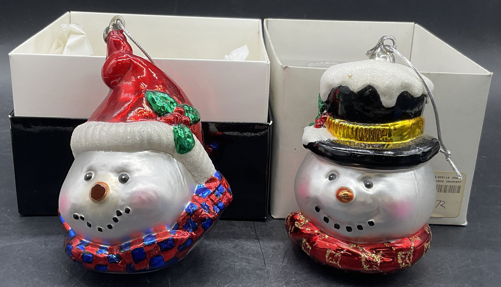 Lot 2 Glass Snowman Head Holiday Ornaments, Boxed (1 of 6)